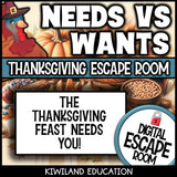 No-prep Thanksgiving needs and wants escape room activity