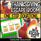 Thanksgiving one-step equations digital escape room cover, math grades 5–8
