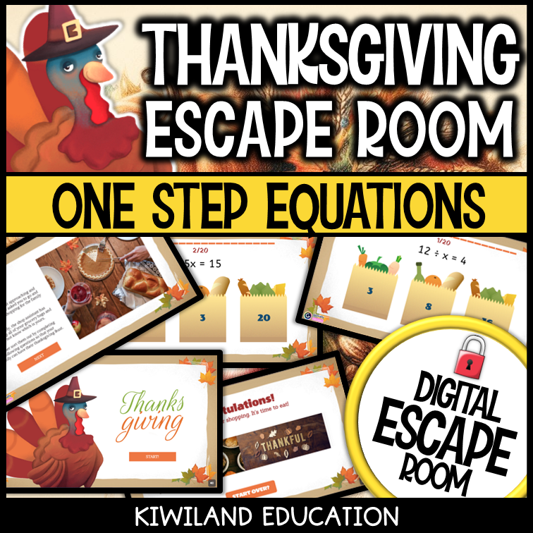 Thanksgiving one-step equations escape room puzzle screen