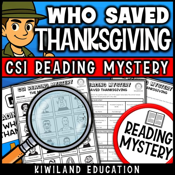 Thanksgiving reading mystery comprehension questions worksheet with suspect line-up