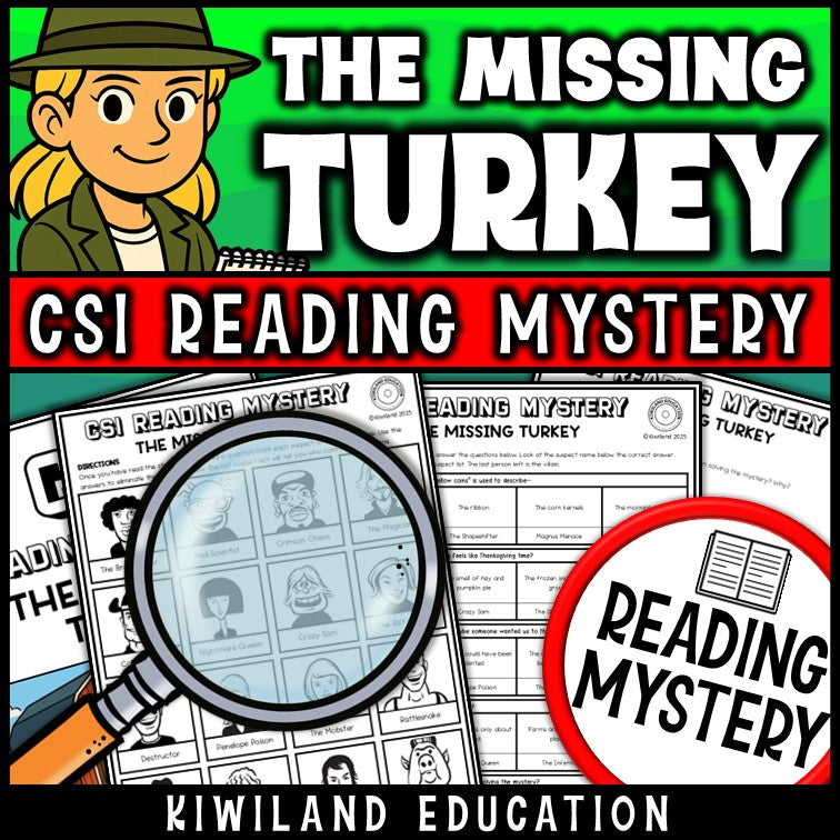 Thanksgiving reading mystery comprehension questions worksheet with suspect line-up