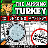 Thanksgiving reading mystery comprehension questions worksheet with suspect line-up