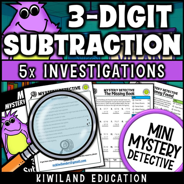 Three digit borrowing practice mystery detective cases