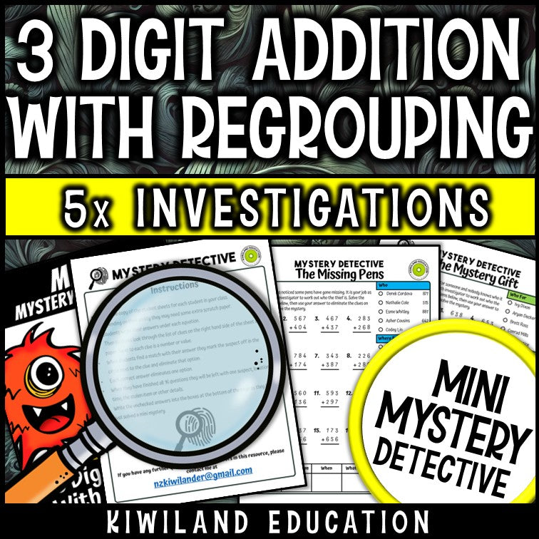 Three digit carrying practice mystery detective cases
