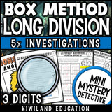 Three digit division no remainders mystery detective activity