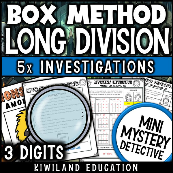 Three digit division no remainders mystery detective activity