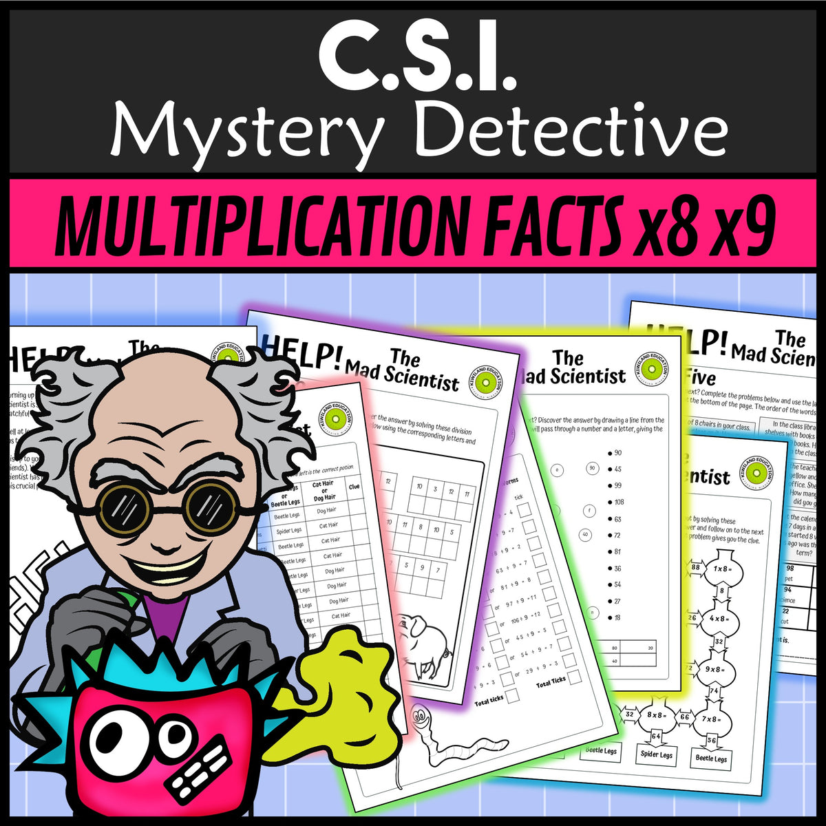 Times tables x8 x9 math worksheets cryptogram maze no-prep printable