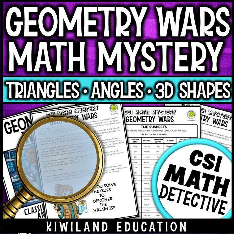 Triangles and angles geometry clue worksheet pages - CSI math mystery