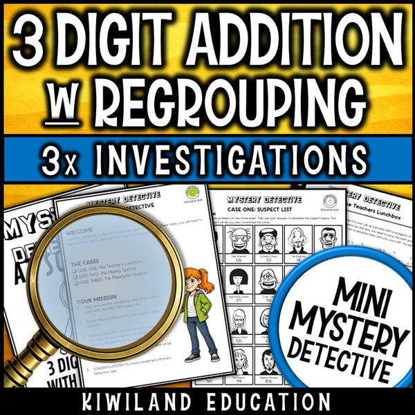 Triple digit addition regrouping detective cases