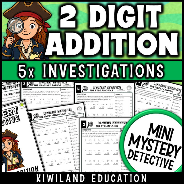Two digit addition with regrouping worksheets pirate mystery detective 2nd 3rd grade