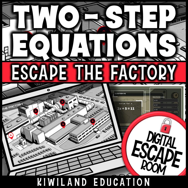 Two-step equations digital escape room cover, grades 7–9 algebra