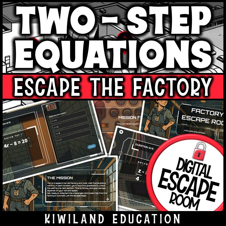 Factory-themed two-step equations escape room puzzle screen