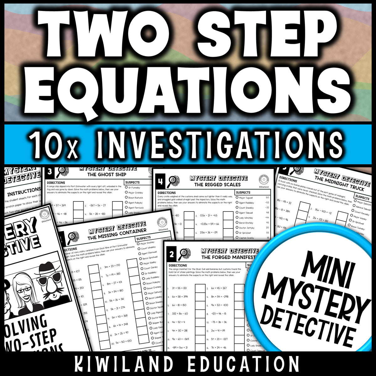Two step equations worksheets for 7th grade math, ten no prep detective cases set at a busy port with a smuggling ring to catch