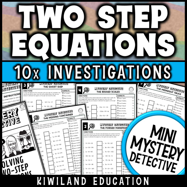 Two step equations worksheets for 7th grade math, ten no prep detective cases set at a busy port with a smuggling ring to catch