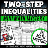 Solving two-step and multi-step inequalities math mystery worksheets cover