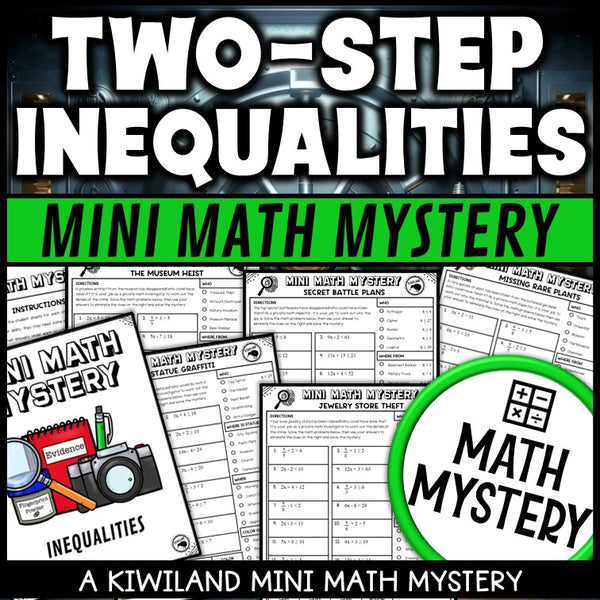 Solving two-step and multi-step inequalities math mystery worksheets cover