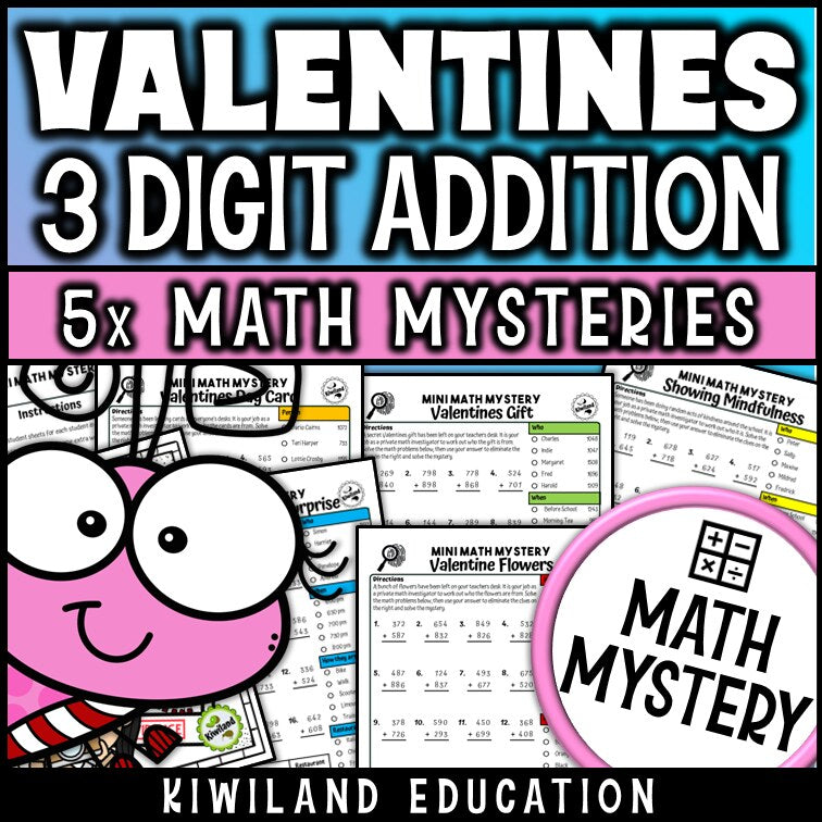 Valentine's Day 3-digit addition with regrouping math mystery worksheets cover