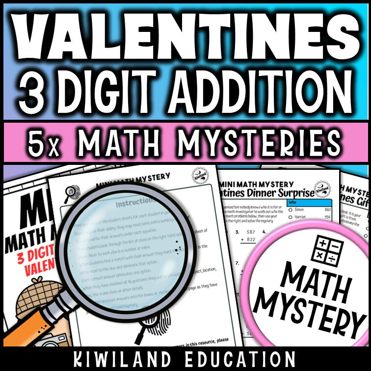 Valentine's Day 3-digit addition math mystery worksheet sample page