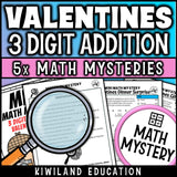 Valentine's Day 3-digit addition math mystery worksheet sample page