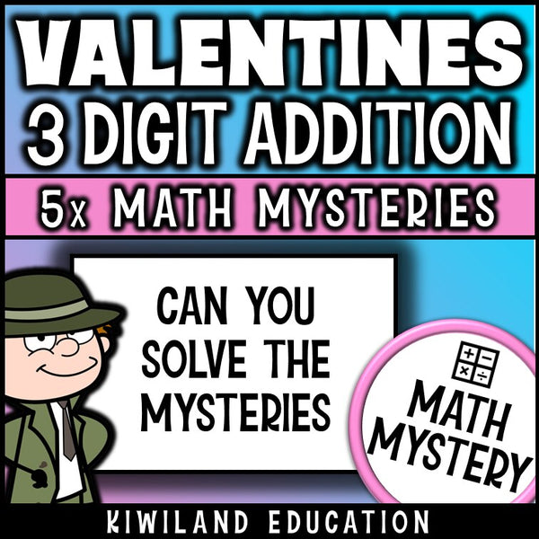 Valentine's Day 3-digit addition math mystery activity preview