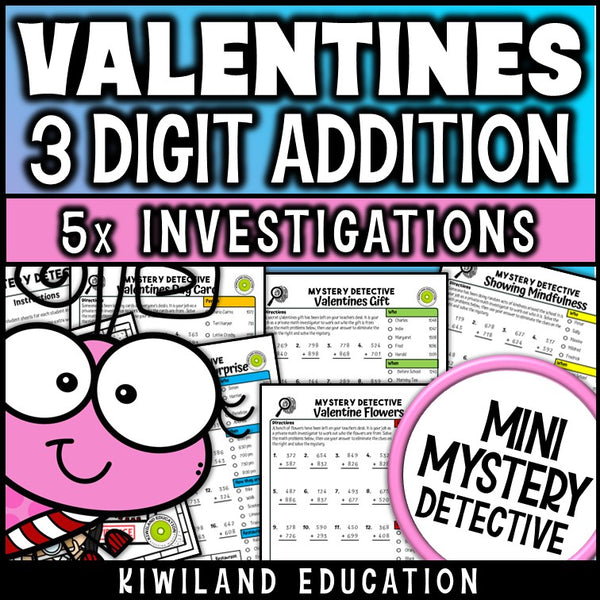 Valentines day 3-digit addition with regrouping worksheets