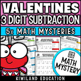 Valentine's Day 3-digit subtraction with regrouping math mystery worksheets cover