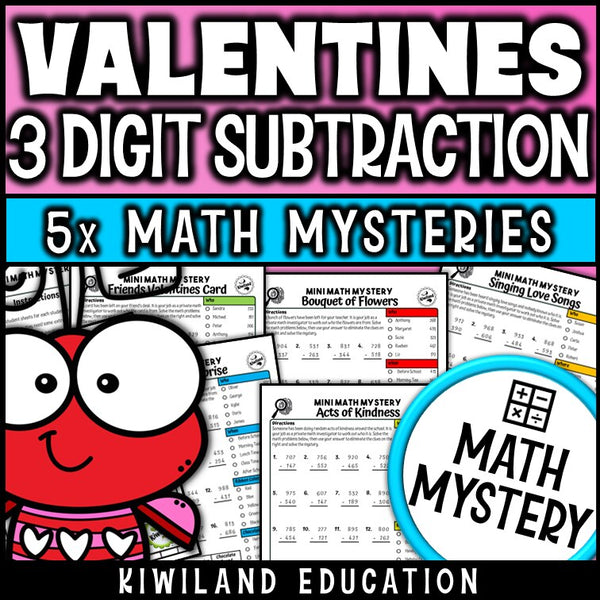 Valentine's Day 3-digit subtraction with regrouping math mystery worksheets cover
