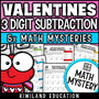 Valentine's Day 3-digit subtraction with regrouping math mystery worksheets cover