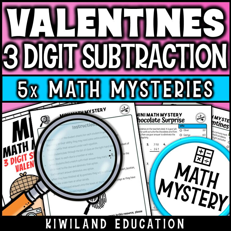 Valentine's Day 3-digit subtraction math mystery worksheet sample page