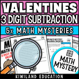 Valentine's Day 3-digit subtraction math mystery worksheet sample page