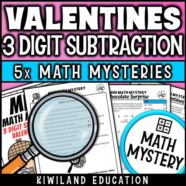 Valentine's Day 3-digit subtraction math mystery worksheet sample page