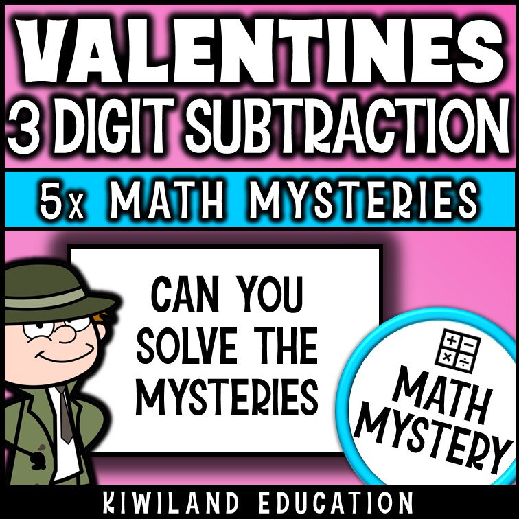 Valentine's Day 3-digit subtraction math mystery activity preview