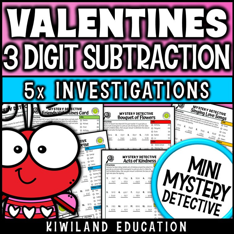 Valentines day 3-digit subtraction with regrouping worksheets