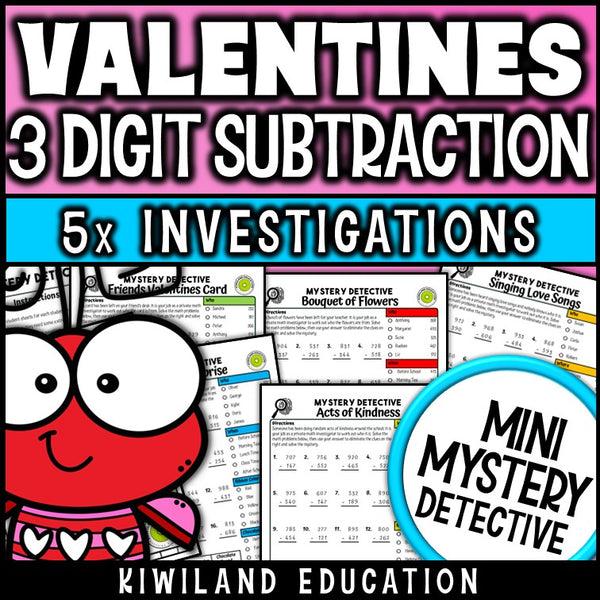 Valentines day 3-digit subtraction with regrouping worksheets