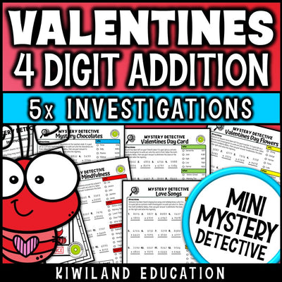 Valentines day 4-digit addition with regrouping worksheets