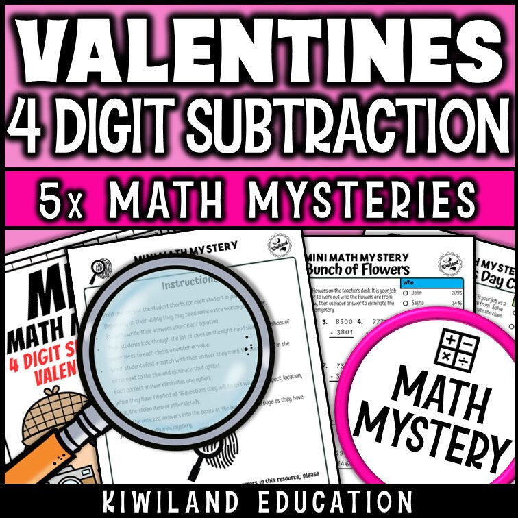 4-digit subtraction with regrouping Valentine's math mystery worksheet sample pages