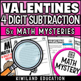 4-digit subtraction with regrouping Valentine's math mystery worksheet sample pages