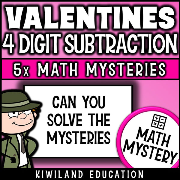 Can you solve the mysteries - Valentine's 4-digit subtraction math mystery worksheets