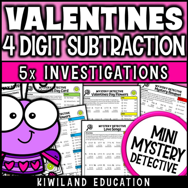 Valentines day 4-digit subtraction with regrouping worksheets