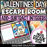 Valentine's Day adding and subtracting integers digital escape room cover, math grades 6–9