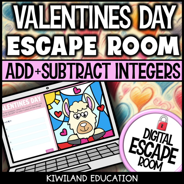 Valentine's Day adding and subtracting integers digital escape room cover, math grades 6–9