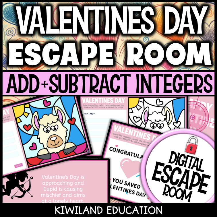 Valentine's Day integers escape room puzzle screen