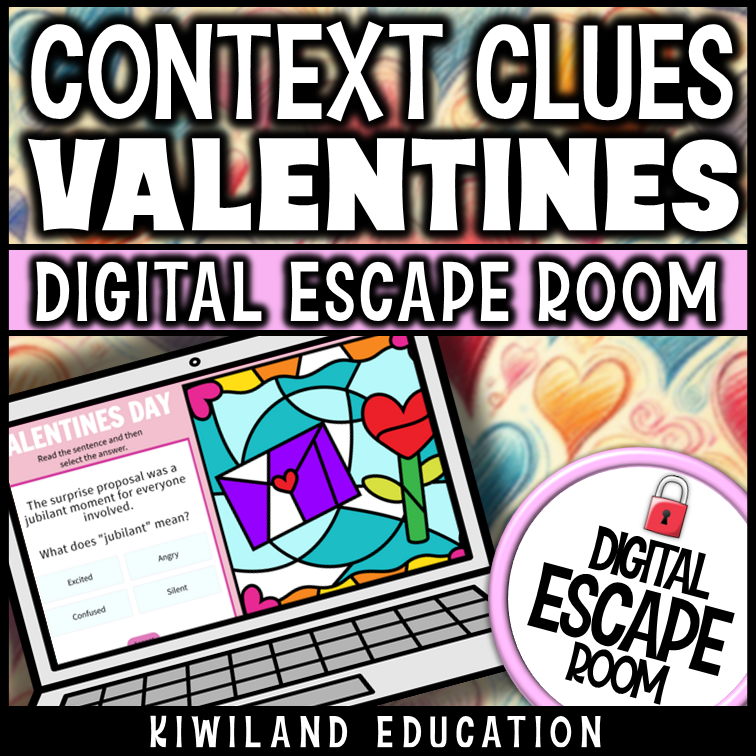 Valentine's Day context clues digital escape room cover, ELA grades 4–7