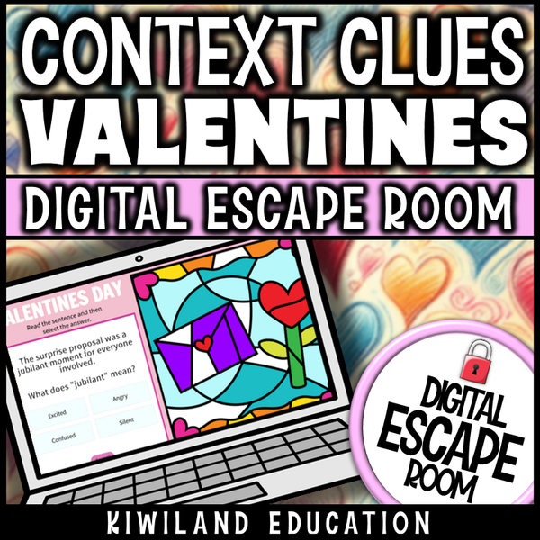 Valentine's Day context clues digital escape room cover, ELA grades 4–7