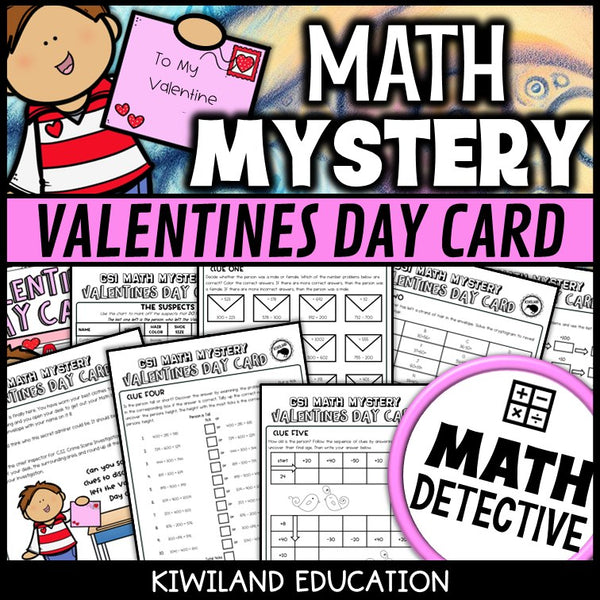 Valentine's Day addition and subtraction CSI Math Mystery cover for grades 2 to 5, The Surprise Card