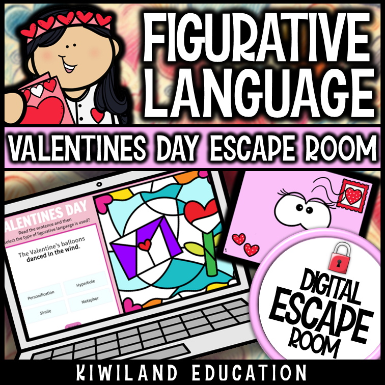 Valentine's Day figurative language digital escape room cover, ELA grades 3–6