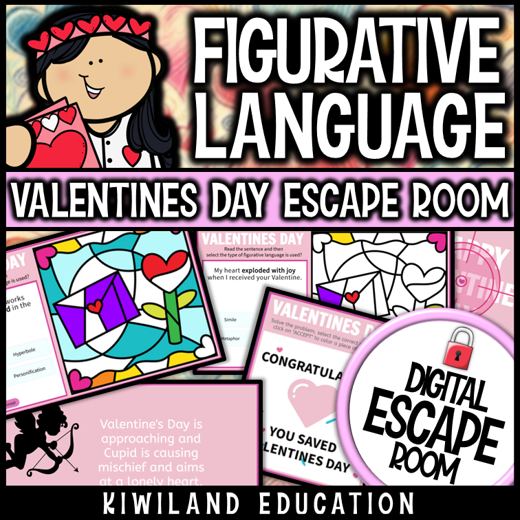 Valentine's Day figurative language escape room puzzle screen