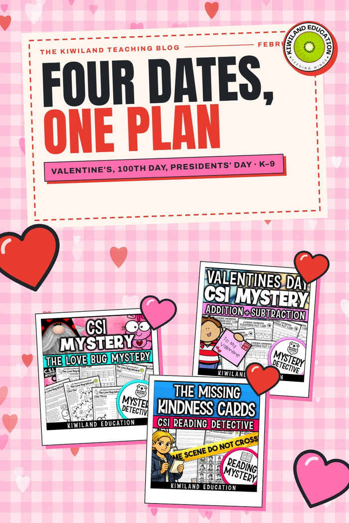 February math and reading activities pin: Valentine's Day, 100th Day and Presidents' Day plan, Kiwiland Education