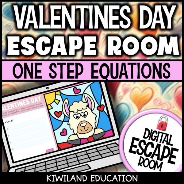 Valentine's Day one-step equations digital escape room cover, math grades 5–8