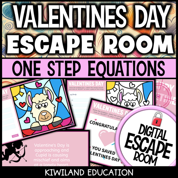Valentine's Day one-step equations escape room puzzle screen